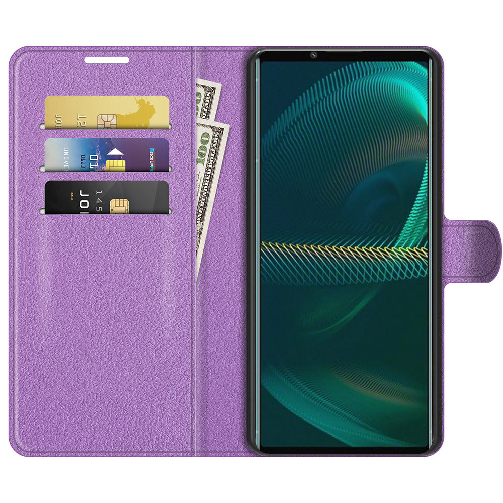 Litchi Skin Phone Case Folio Flip Leather Phone Cover with Stand for Sony Xperia 5 III 5G