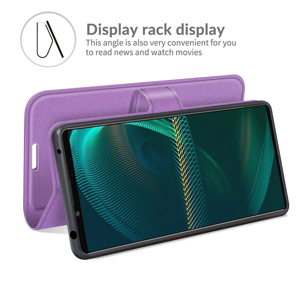 Litchi Skin Phone Case Folio Flip Leather Phone Cover with Stand for Sony Xperia 5 III 5G