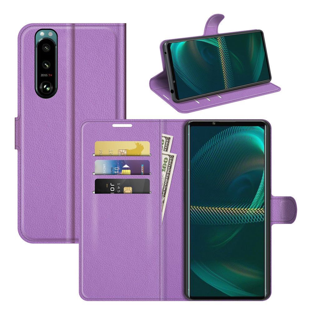 Litchi Skin Phone Case Folio Flip Leather Phone Cover with Stand for Sony Xperia 5 III 5G