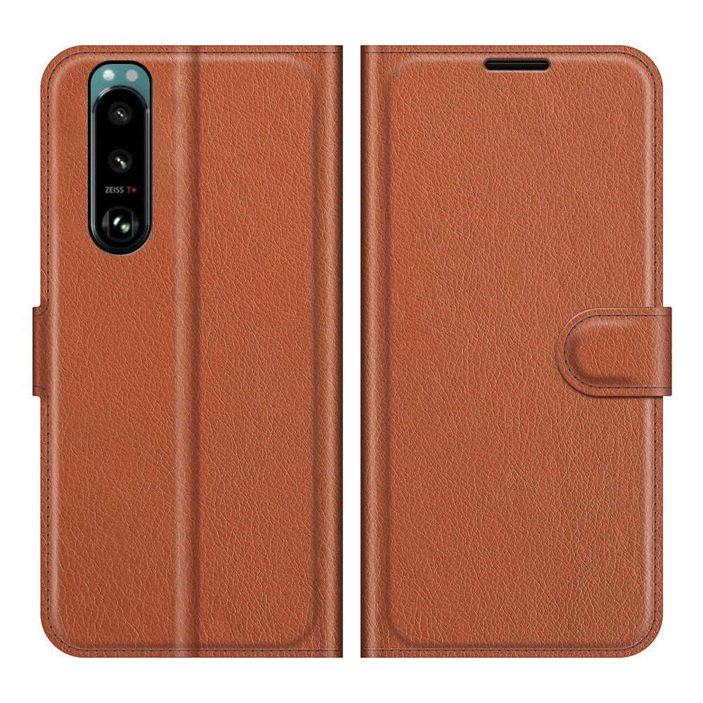 Litchi Skin Phone Case Folio Flip Leather Phone Cover with Stand for Sony Xperia 5 III 5G