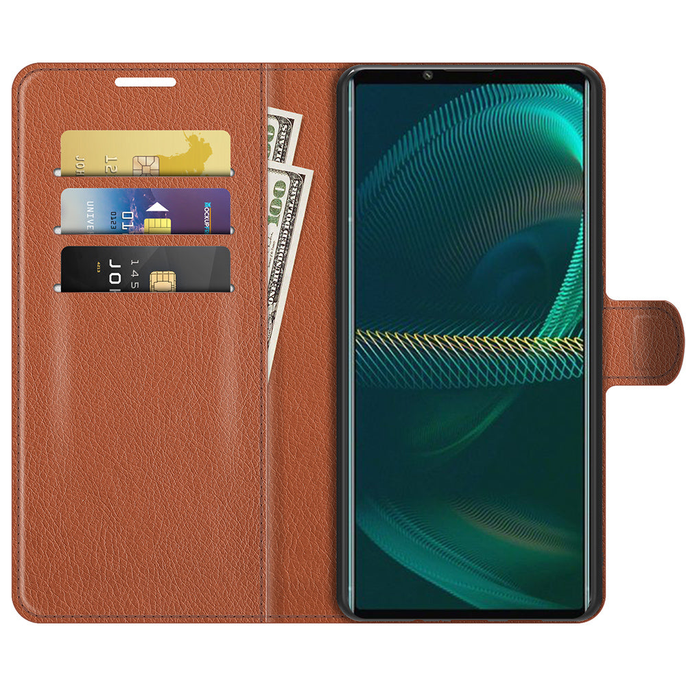 Litchi Skin Phone Case Folio Flip Leather Phone Cover with Stand for Sony Xperia 5 III 5G