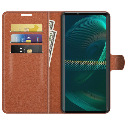 Litchi Skin Phone Case Folio Flip Leather Phone Cover with Stand for Sony Xperia 5 III 5G