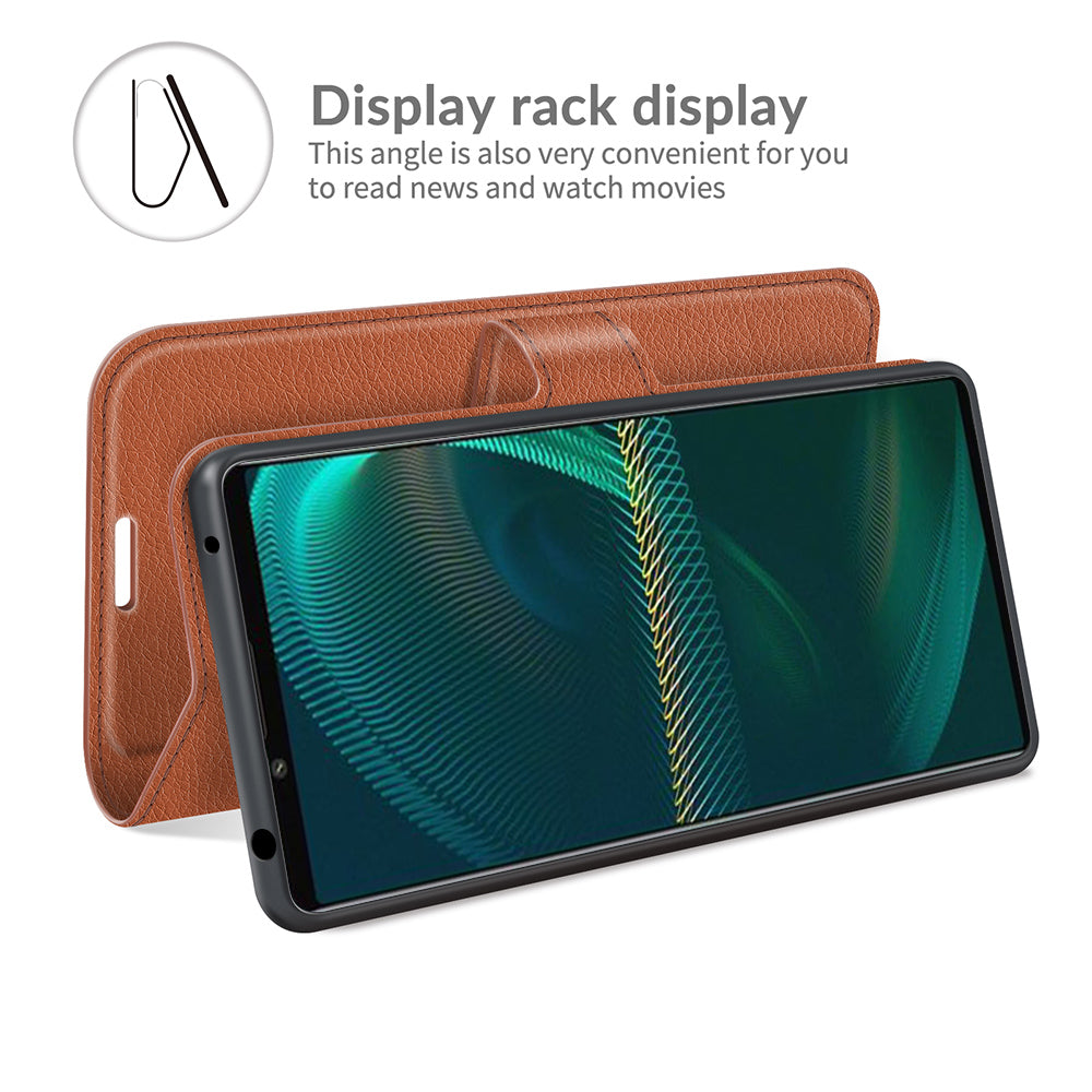 Litchi Skin Phone Case Folio Flip Leather Phone Cover with Stand for Sony Xperia 5 III 5G