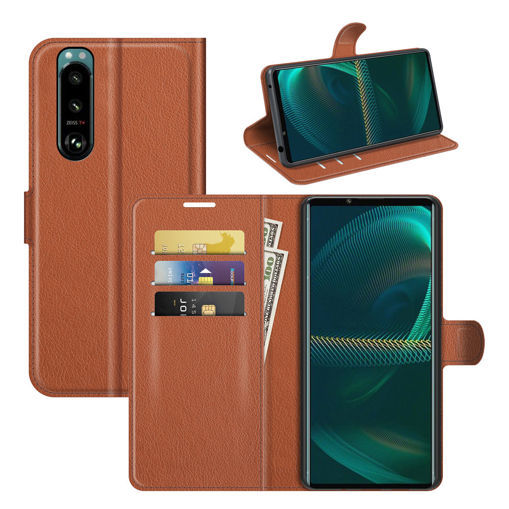 Litchi Skin Phone Case Folio Flip Leather Phone Cover with Stand for Sony Xperia 5 III 5G