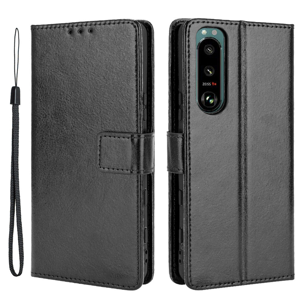 Crazy Horse Skin Leather Wallet Shell Protective Cover with Stand and Strap for Sony Xperia 5 III 5G