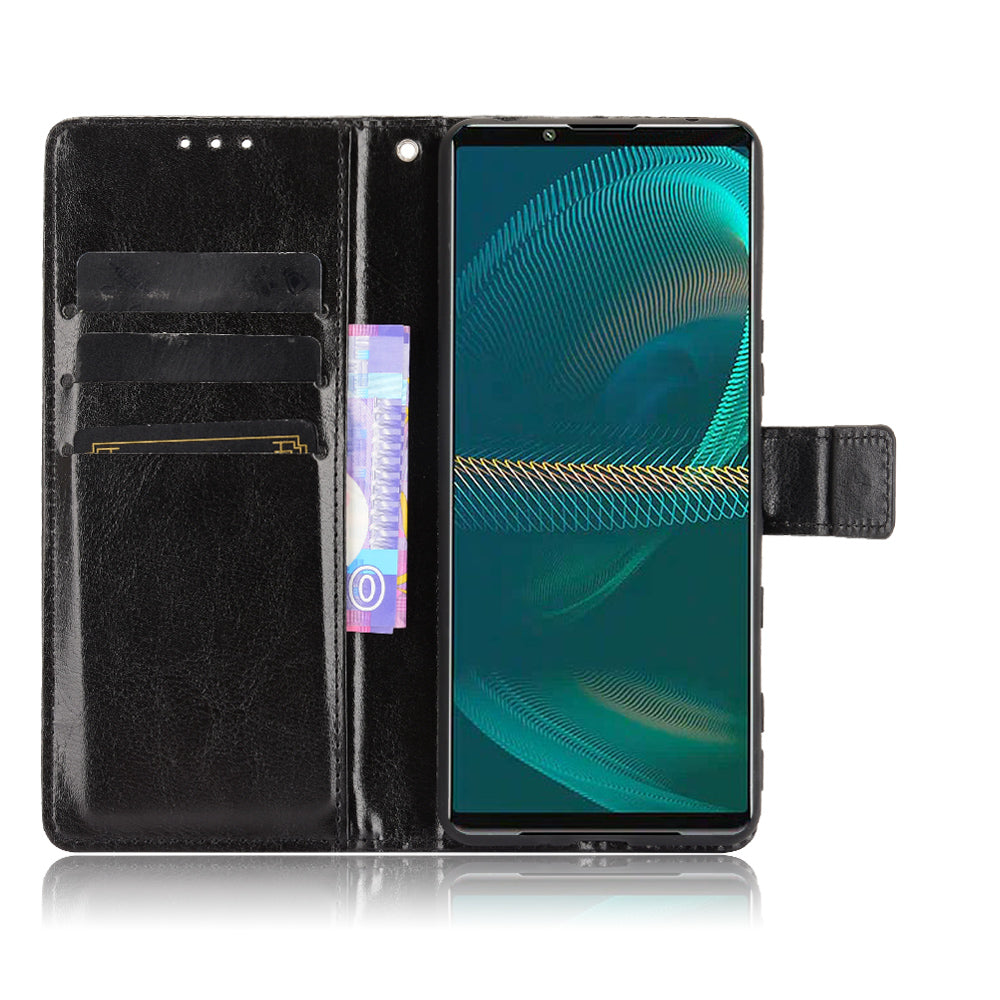 Crazy Horse Skin Leather Wallet Shell Protective Cover with Stand and Strap for Sony Xperia 5 III 5G