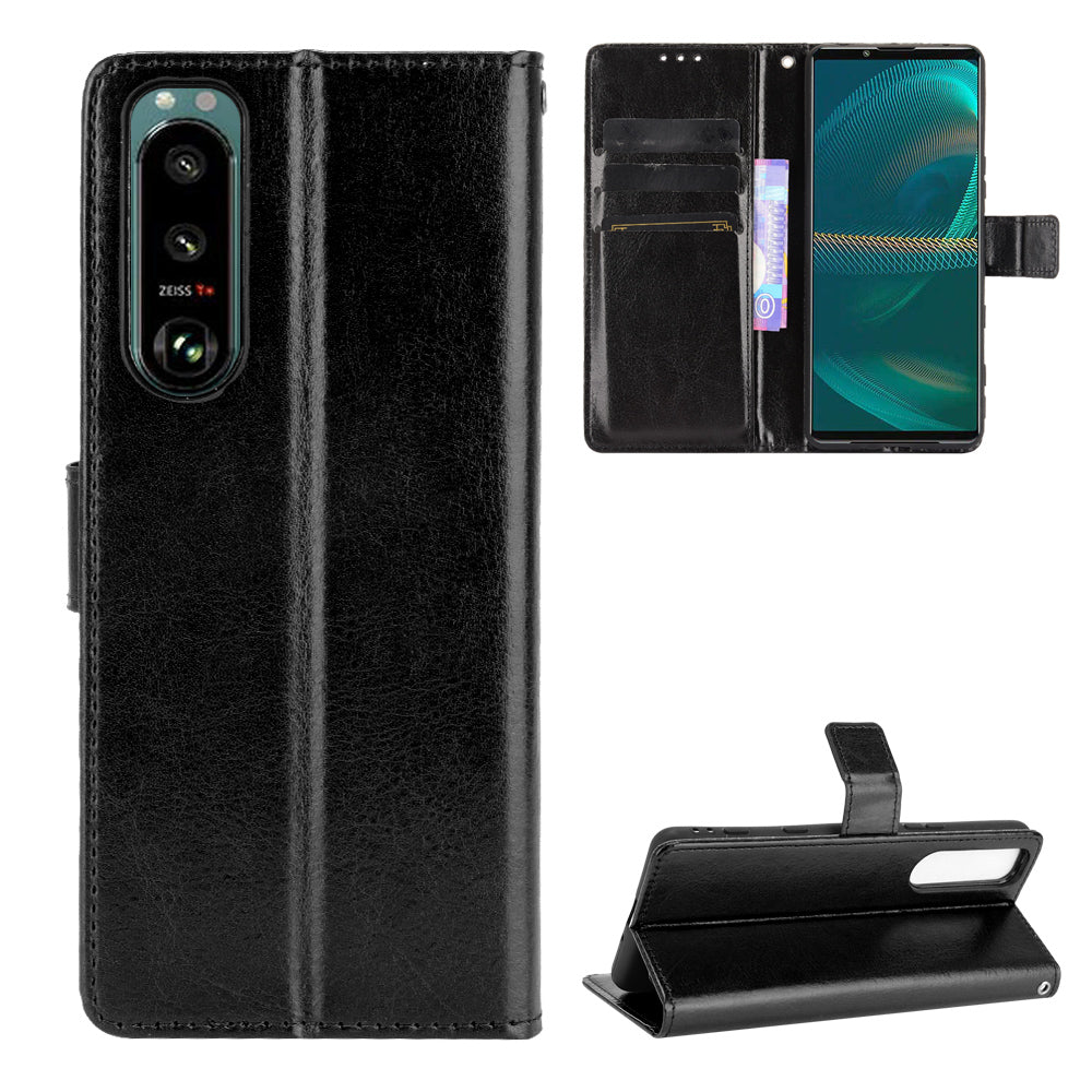 Crazy Horse Skin Leather Wallet Shell Protective Cover with Stand and Strap for Sony Xperia 5 III 5G