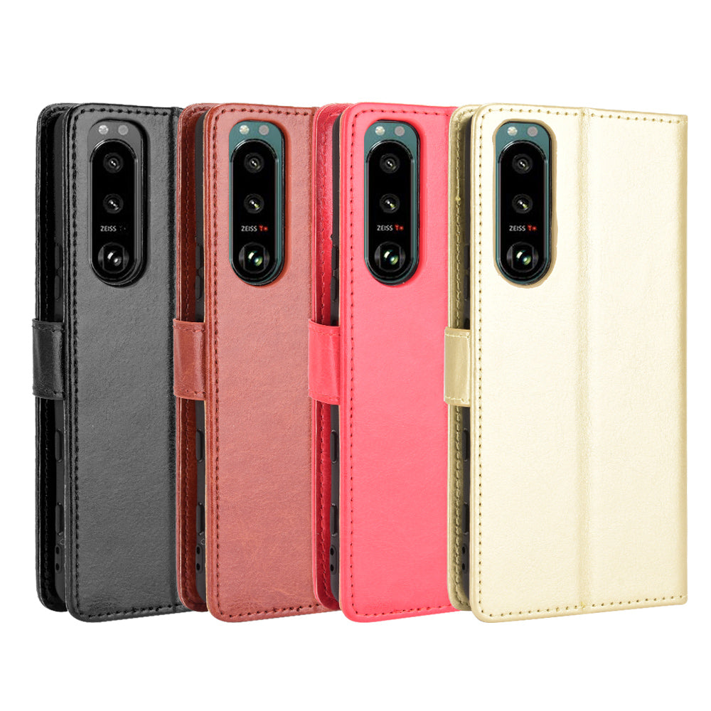 Crazy Horse Skin Leather Wallet Shell Protective Cover with Stand and Strap for Sony Xperia 5 III 5G