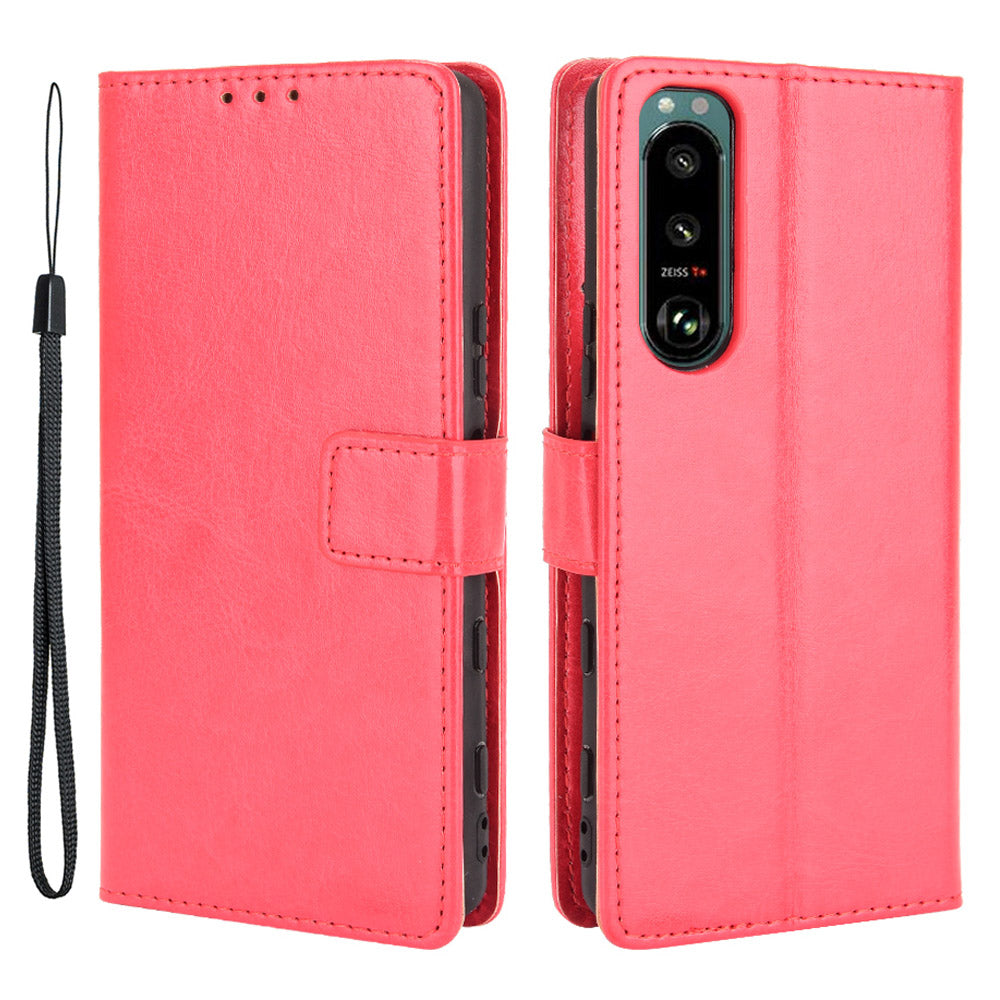Crazy Horse Skin Leather Wallet Shell Protective Cover with Stand and Strap for Sony Xperia 5 III 5G