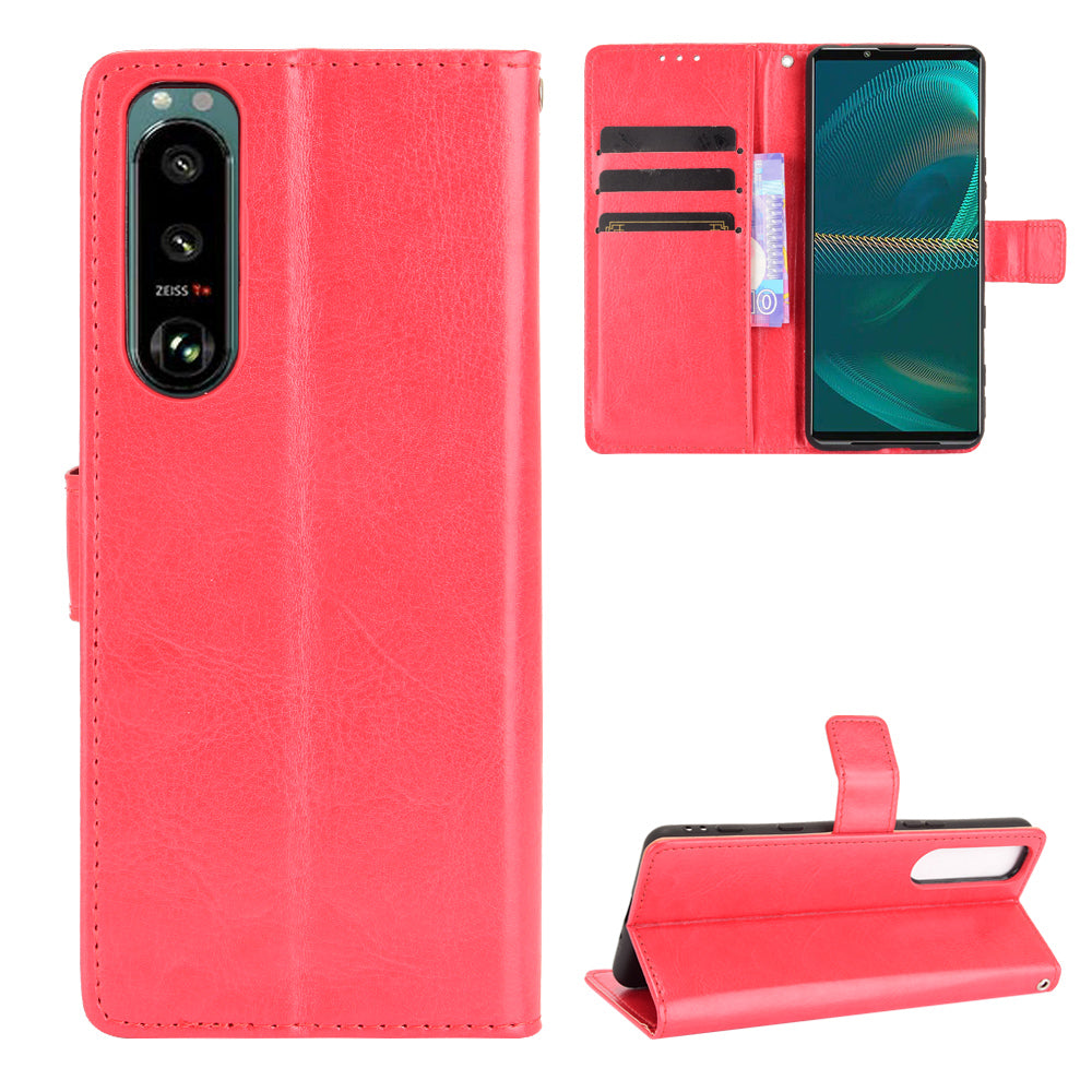 Crazy Horse Skin Leather Wallet Shell Protective Cover with Stand and Strap for Sony Xperia 5 III 5G