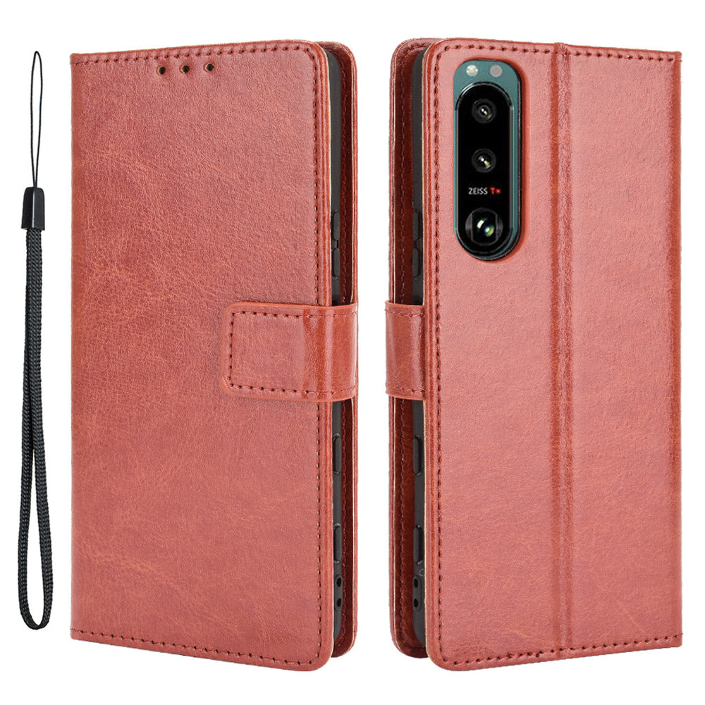 Crazy Horse Skin Leather Wallet Shell Protective Cover with Stand and Strap for Sony Xperia 5 III 5G