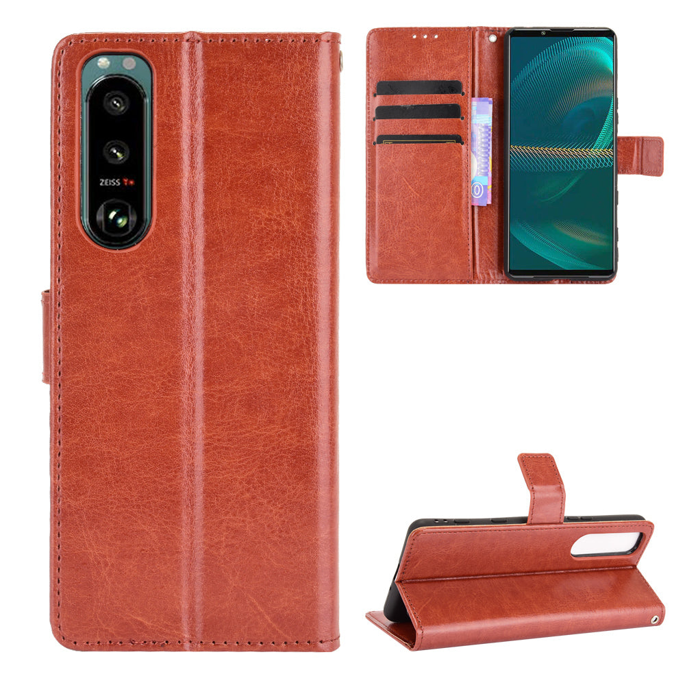 Crazy Horse Skin Leather Wallet Shell Protective Cover with Stand and Strap for Sony Xperia 5 III 5G