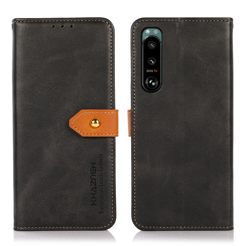 KHAZNEH Golden Magnetic Clasp Dual Color Stand Wallet Leather Protective Case for Sony Xperia 5 III 5G