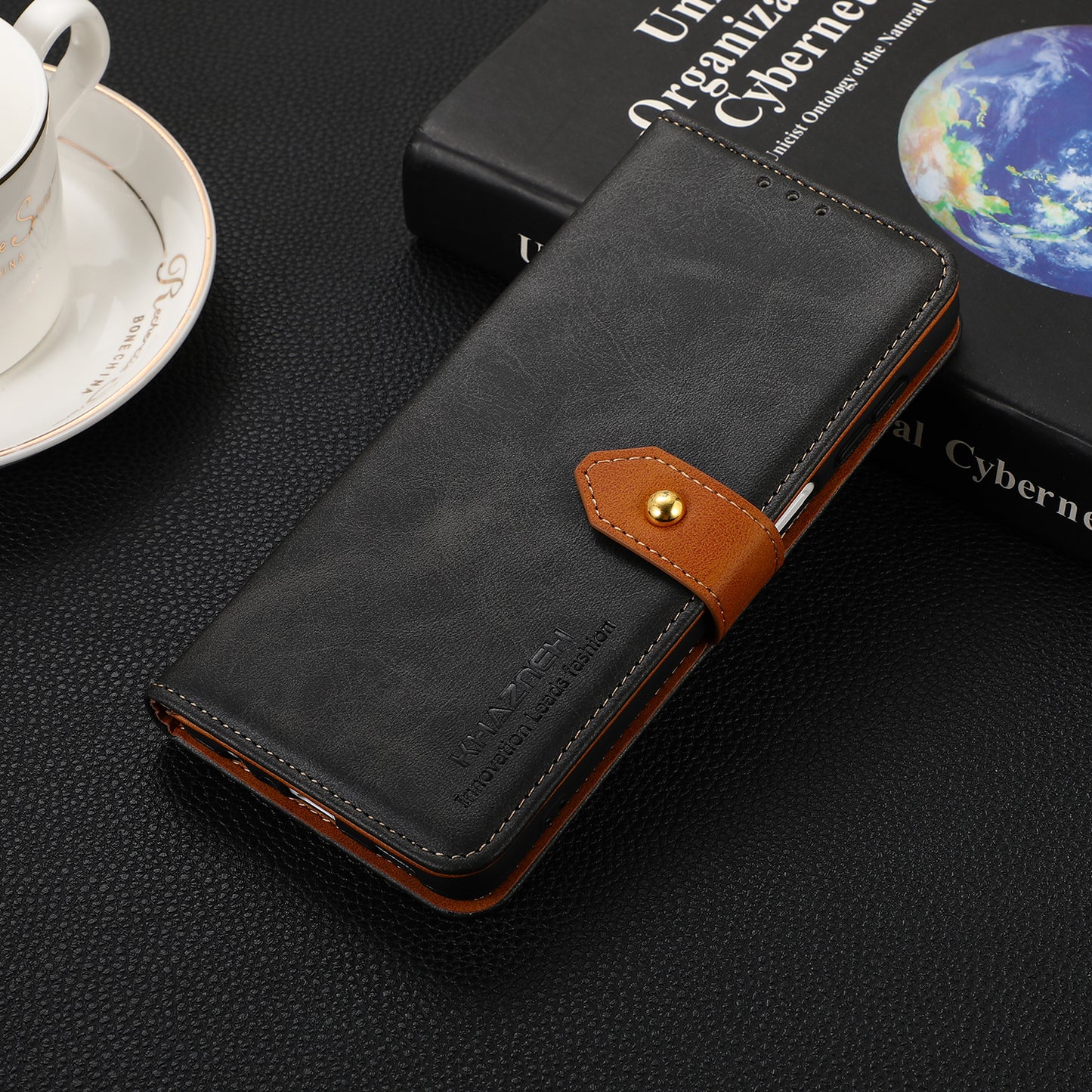KHAZNEH Golden Magnetic Clasp Dual Color Stand Wallet Leather Protective Case for Sony Xperia 5 III 5G
