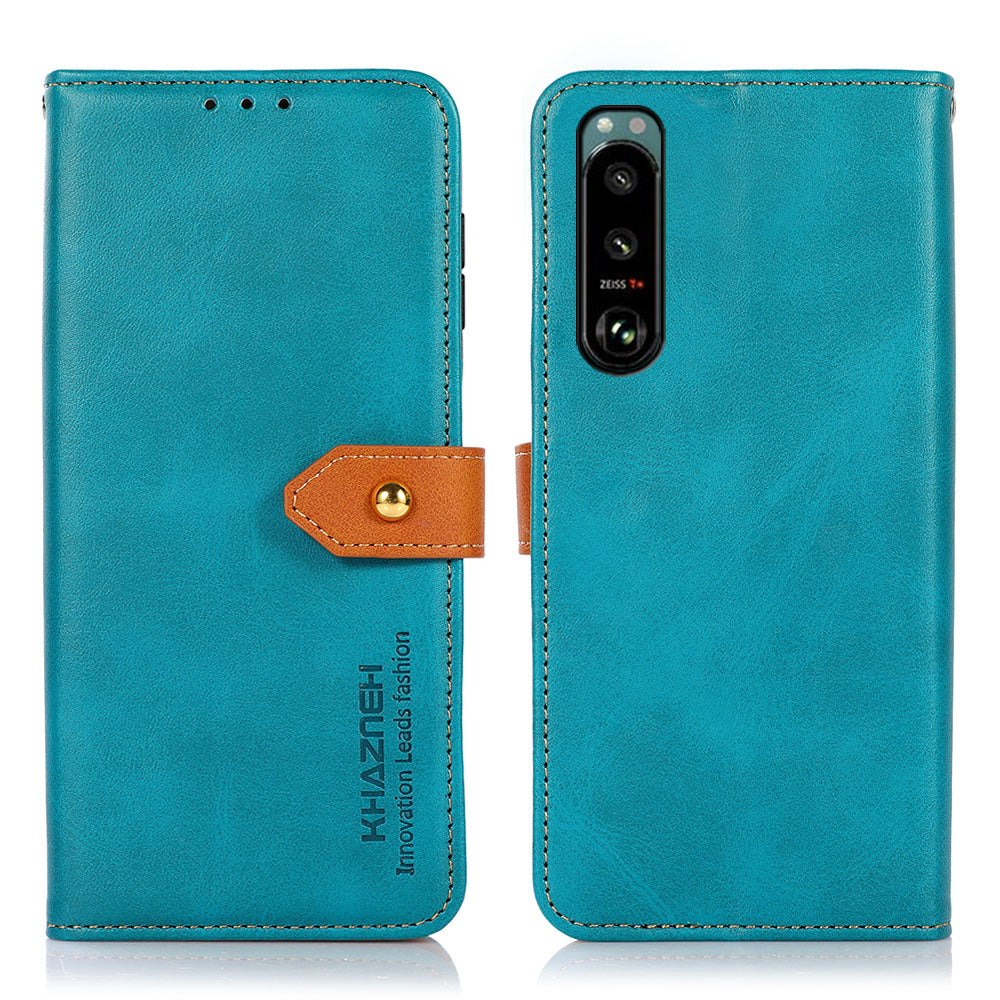KHAZNEH Golden Magnetic Clasp Dual Color Stand Wallet Leather Protective Case for Sony Xperia 5 III 5G