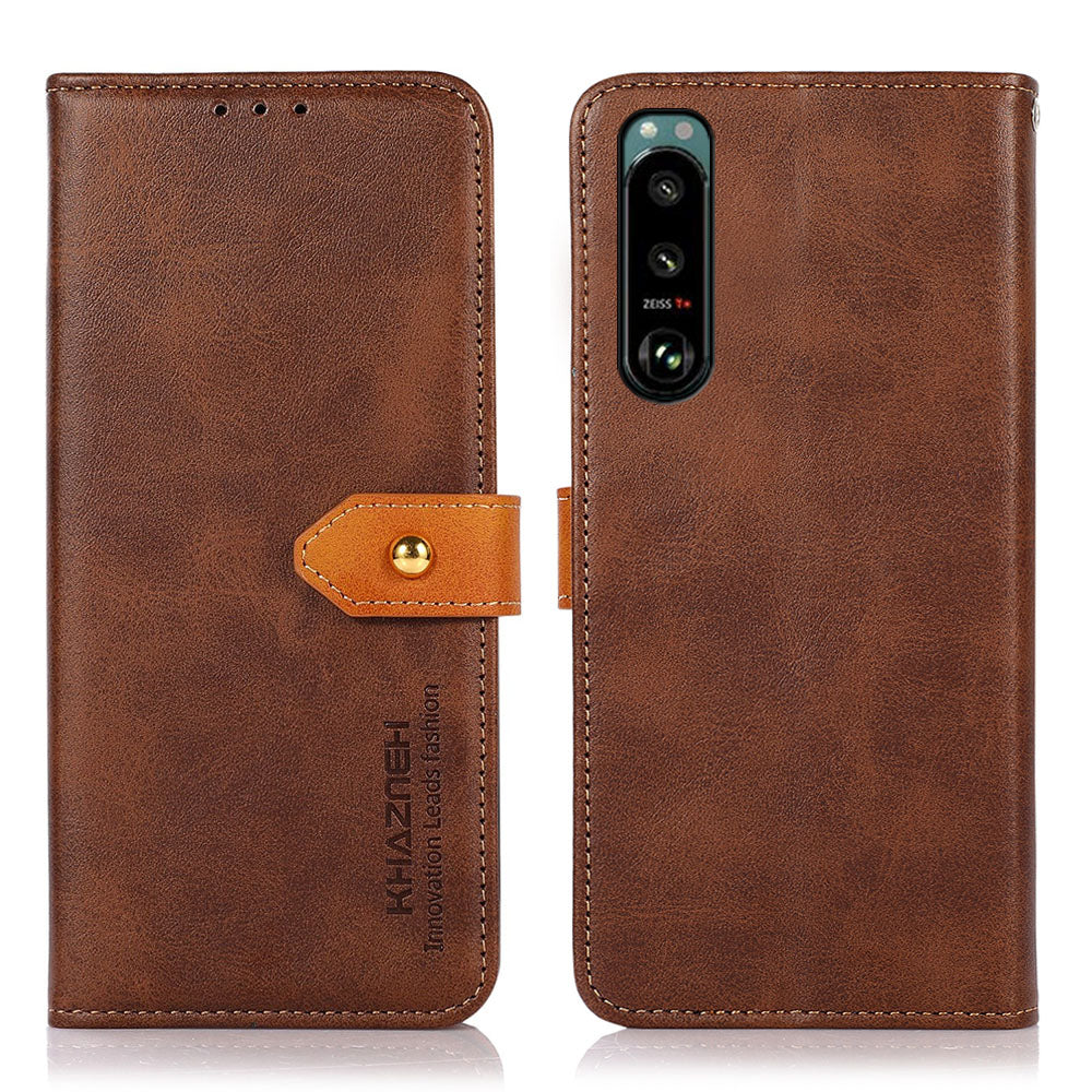 KHAZNEH Golden Magnetic Clasp Dual Color Stand Wallet Leather Protective Case for Sony Xperia 5 III 5G