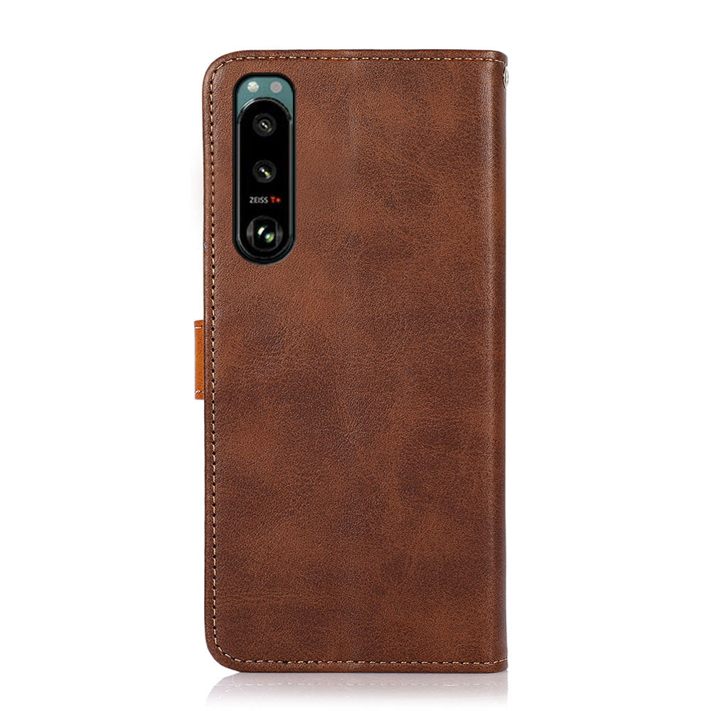 KHAZNEH Golden Magnetic Clasp Dual Color Stand Wallet Leather Protective Case for Sony Xperia 5 III 5G