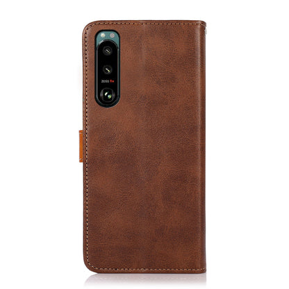 KHAZNEH Golden Magnetic Clasp Dual Color Stand Wallet Leather Protective Case for Sony Xperia 5 III 5G