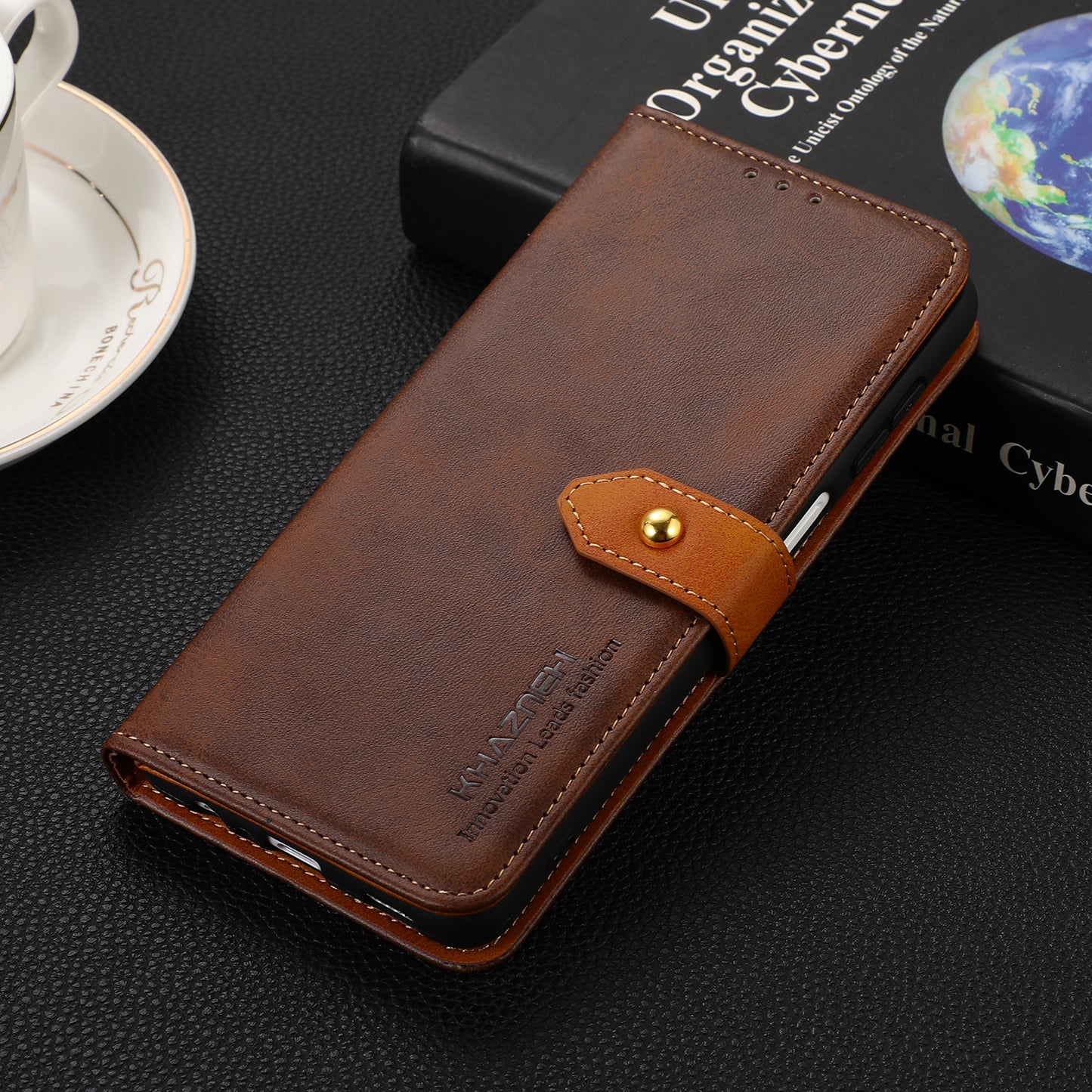 KHAZNEH Golden Magnetic Clasp Dual Color Stand Wallet Leather Protective Case for Sony Xperia 5 III 5G
