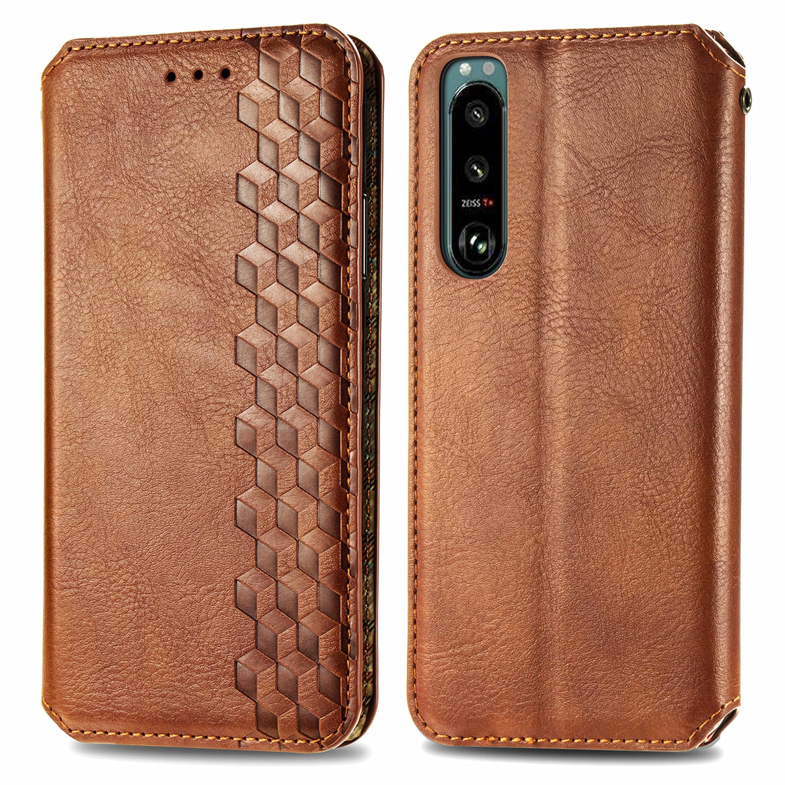 Fashionable Auto-absorbed Rhombus Texture PU Leather Wallet Phone Stand Design Cover for Sony Xperia 5 III 5G
