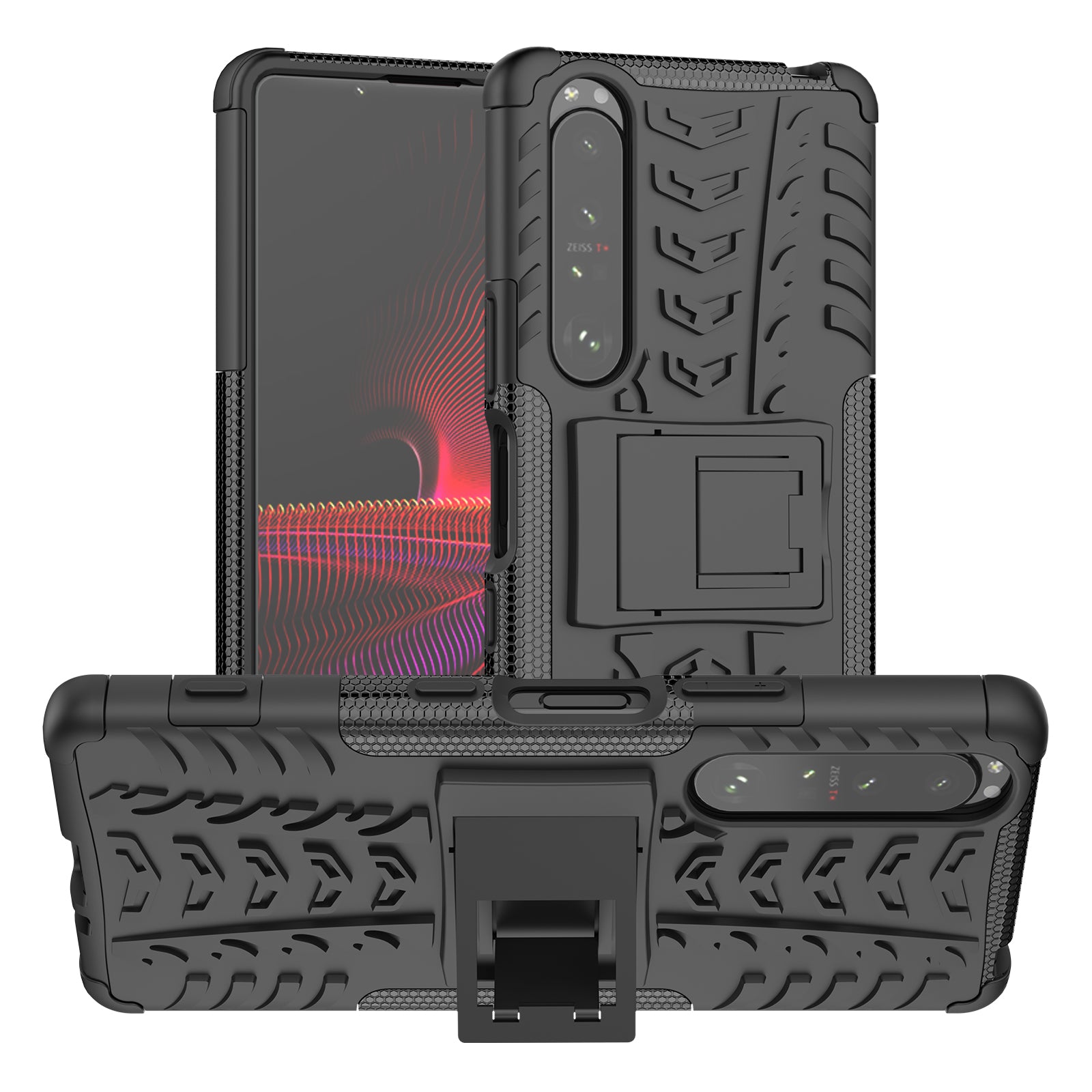 Kickstand Design Tire Texture Hard PC + TPU Shock-Absorption Phone Case for Sony Xperia 1 III 5G