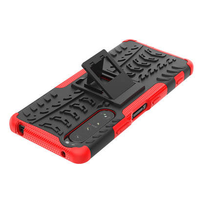 Kickstand Design Tire Texture Hard PC + TPU Shock-Absorption Phone Case for Sony Xperia 1 III 5G