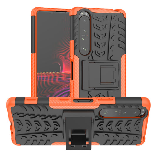 Kickstand Design Tire Texture Hard PC + TPU Shock-Absorption Phone Case for Sony Xperia 1 III 5G