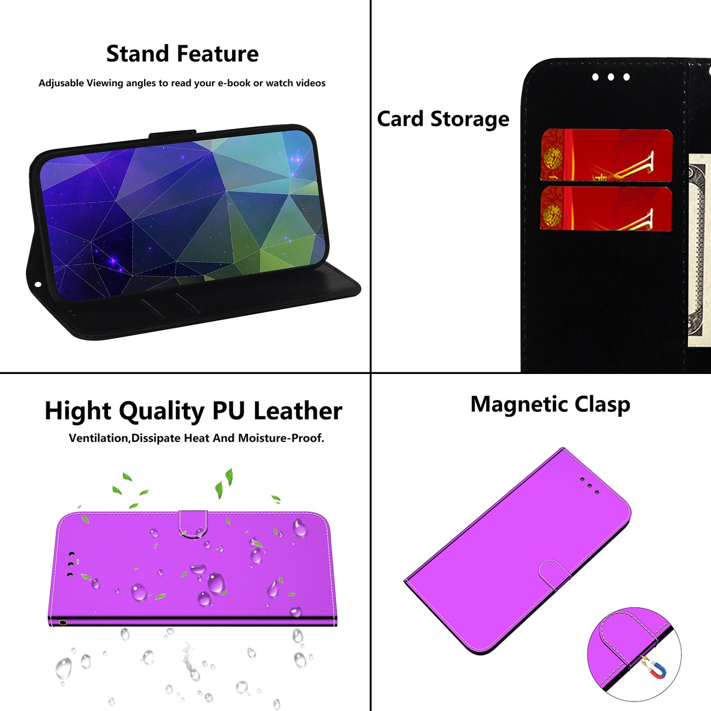 Mirror-like Surface Leather Phone Protective Cover Stand Wallet Case for Sony Xperia 5 III 5G