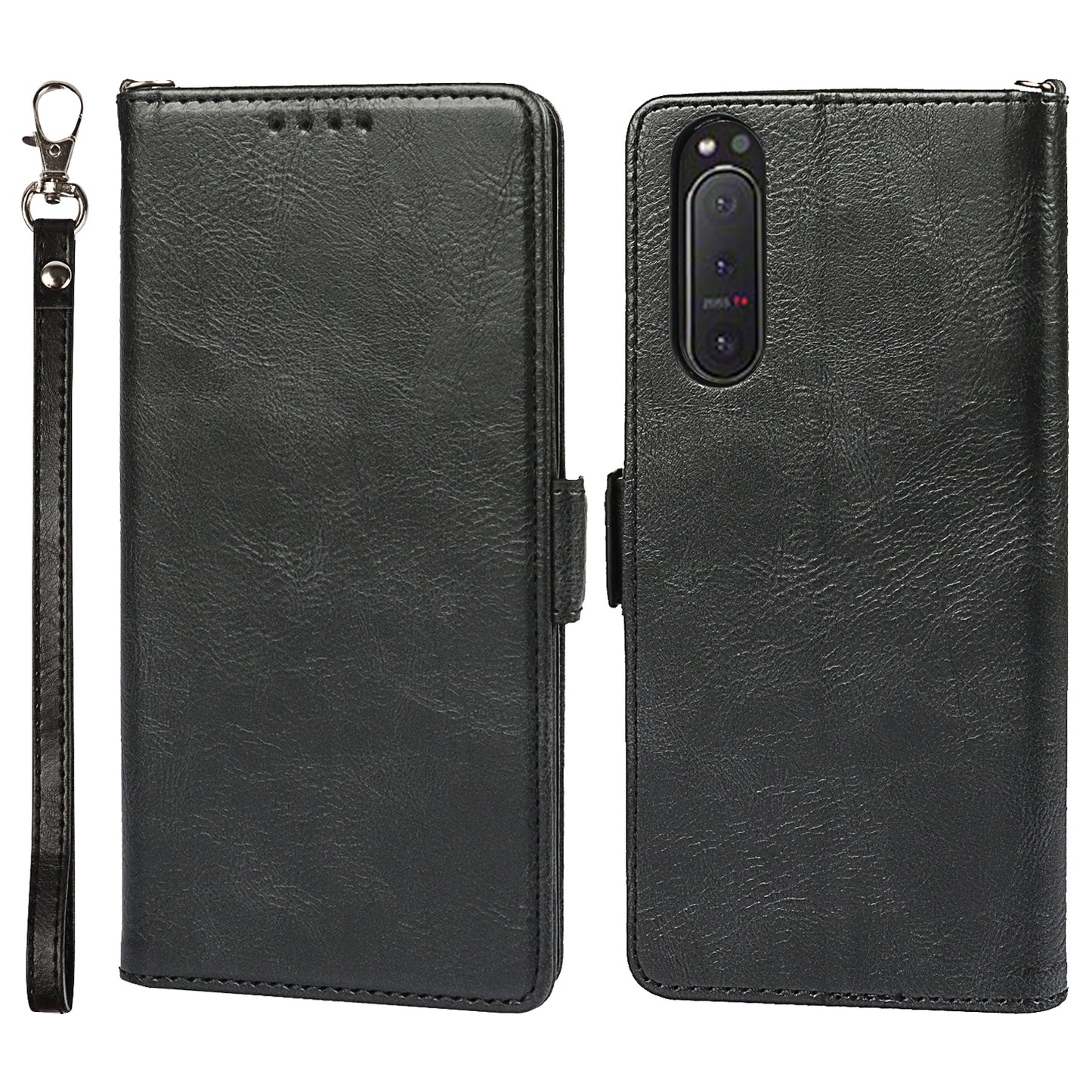RFID Blocking Anti-fall Flip Phone Case Magnetic Closure Wallet Phone Cover with Strap and Supporting Stand for Sony Xperia 5 II