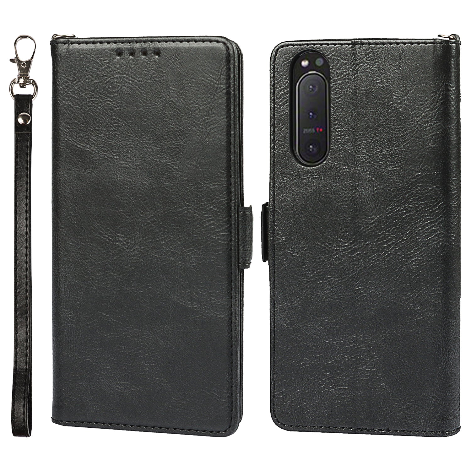 RFID Blocking Anti-fall Flip Phone Case Magnetic Closure Wallet Phone Cover with Strap and Supporting Stand for Sony Xperia 5 II