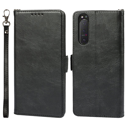 RFID Blocking Anti-fall Flip Phone Case Magnetic Closure Wallet Phone Cover with Strap and Supporting Stand for Sony Xperia 5 II