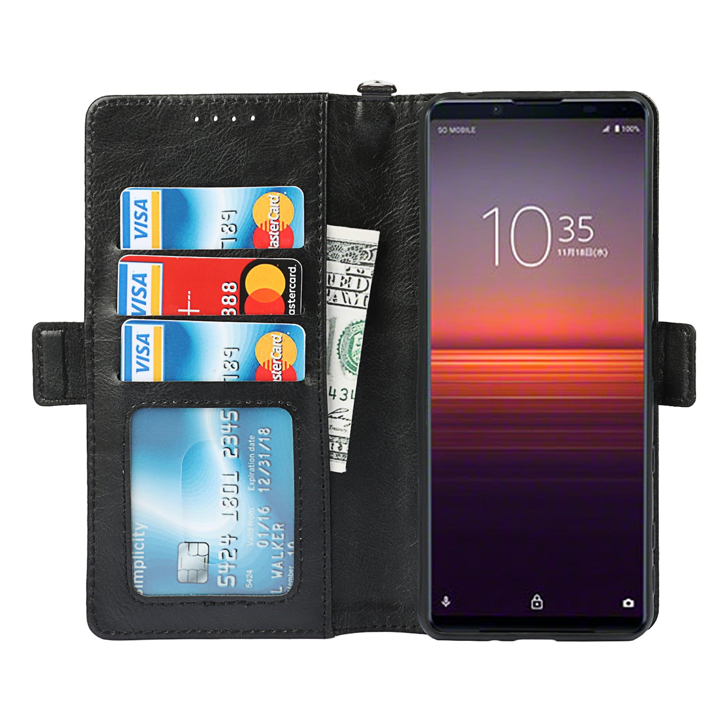 RFID Blocking Anti-fall Flip Phone Case Magnetic Closure Wallet Phone Cover with Strap and Supporting Stand for Sony Xperia 5 II