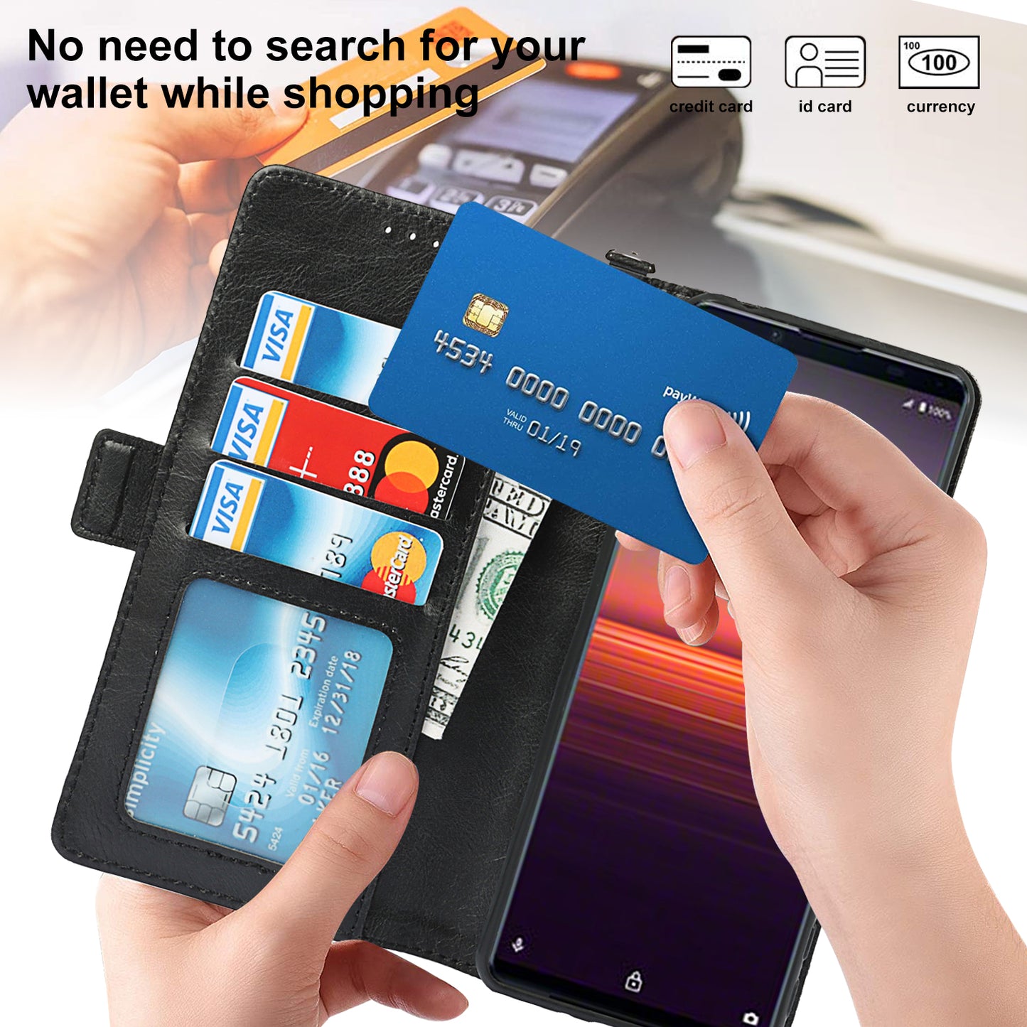 RFID Blocking Anti-fall Flip Phone Case Magnetic Closure Wallet Phone Cover with Strap and Supporting Stand for Sony Xperia 5 II