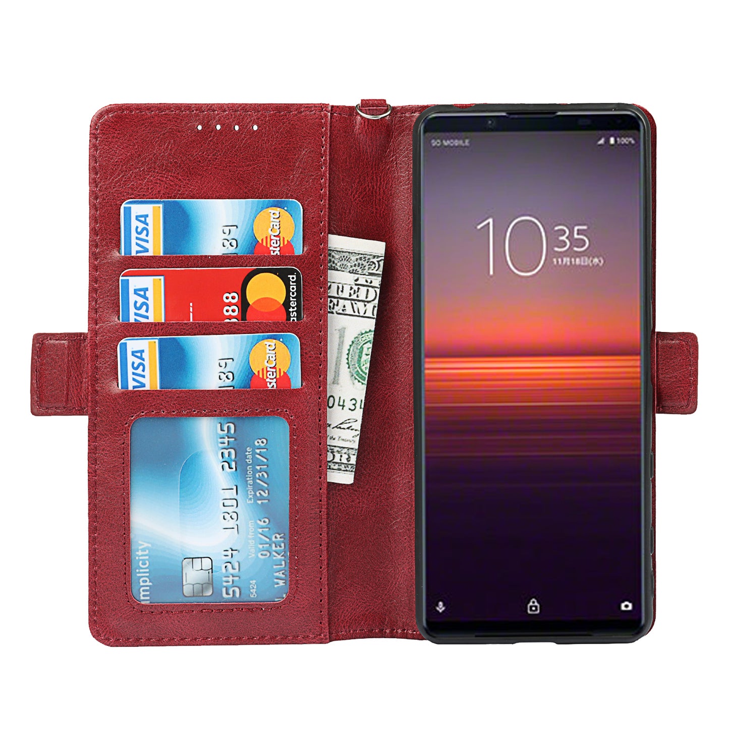 RFID Blocking Anti-fall Flip Phone Case Magnetic Closure Wallet Phone Cover with Strap and Supporting Stand for Sony Xperia 5 II