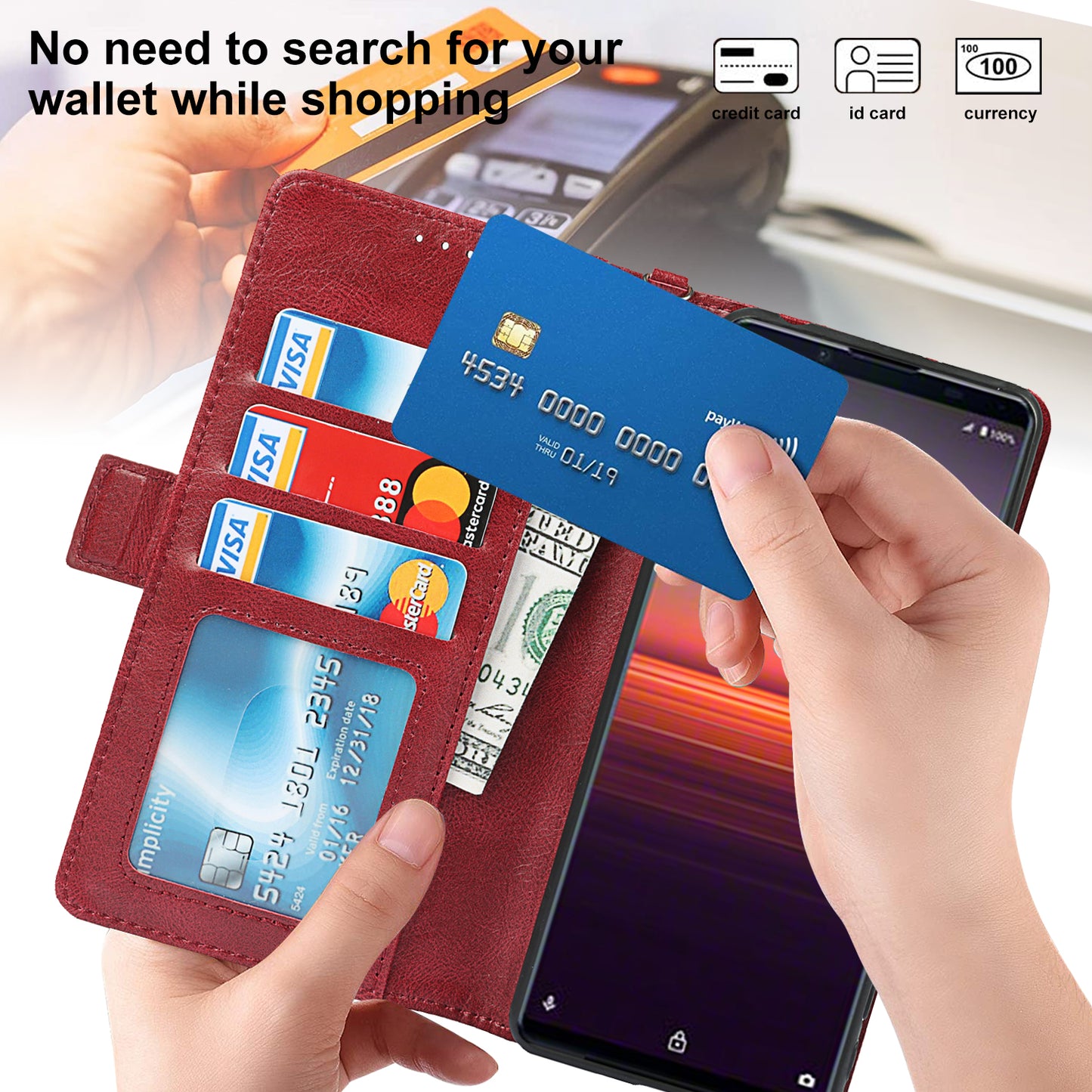 RFID Blocking Anti-fall Flip Phone Case Magnetic Closure Wallet Phone Cover with Strap and Supporting Stand for Sony Xperia 5 II