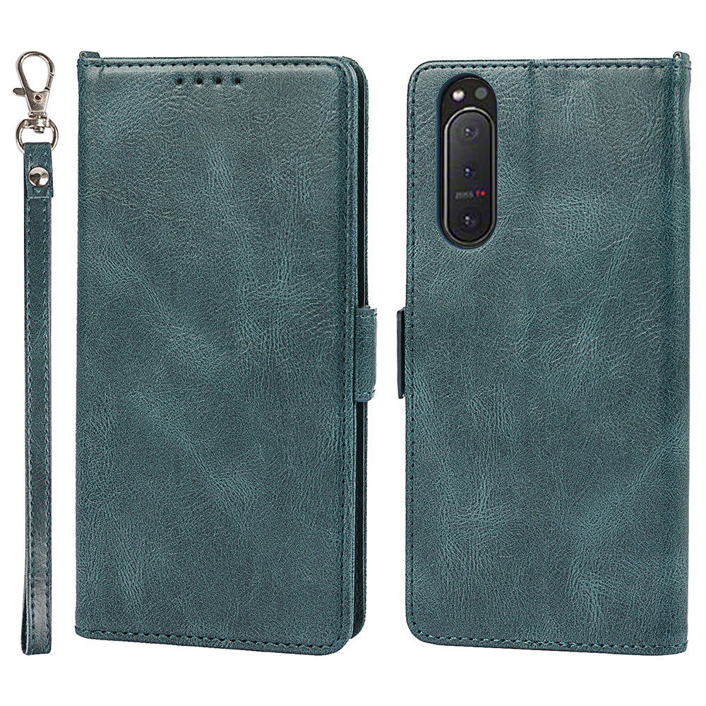 RFID Blocking Anti-fall Flip Phone Case Magnetic Closure Wallet Phone Cover with Strap and Supporting Stand for Sony Xperia 5 II