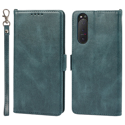 RFID Blocking Anti-fall Flip Phone Case Magnetic Closure Wallet Phone Cover with Strap and Supporting Stand for Sony Xperia 5 II