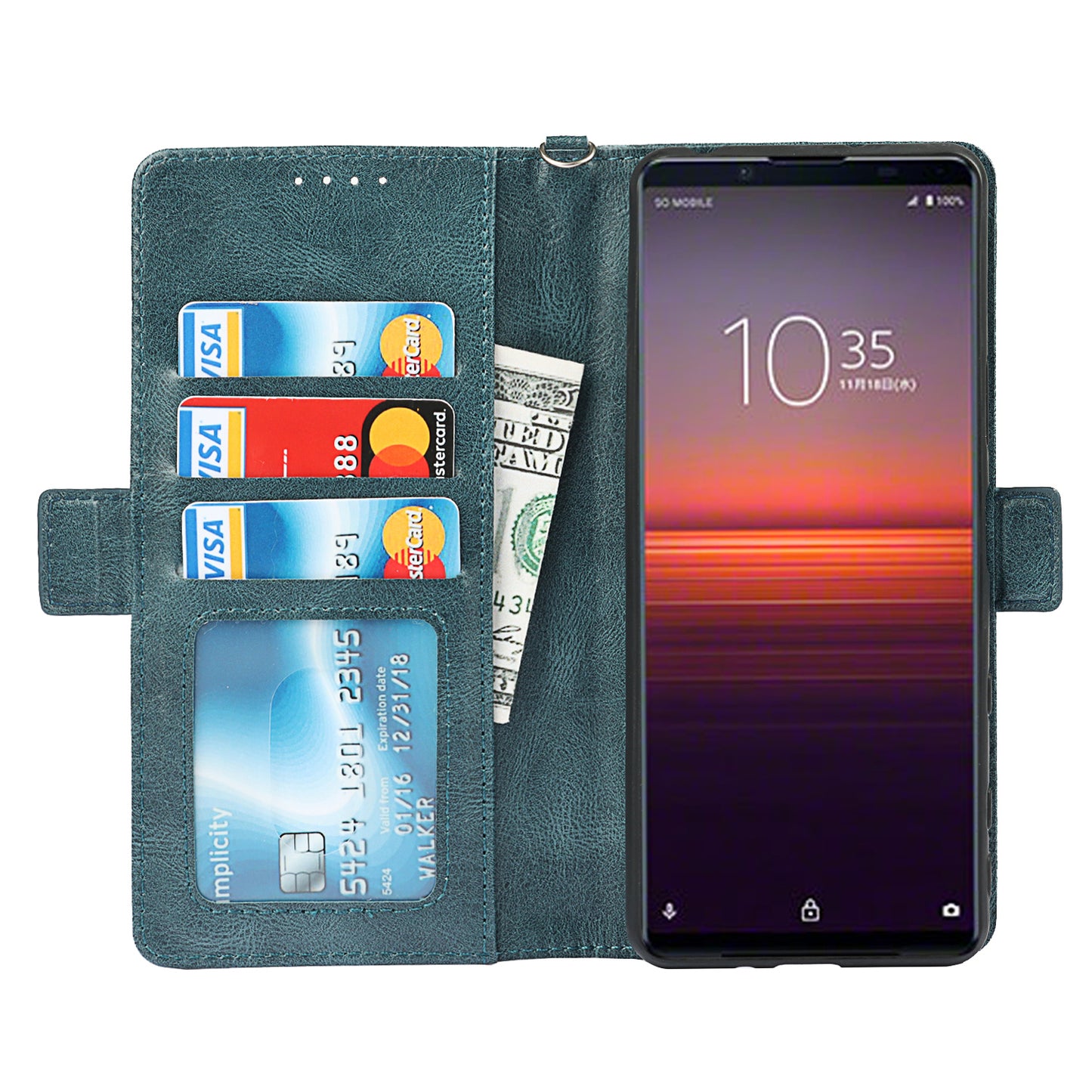 RFID Blocking Anti-fall Flip Phone Case Magnetic Closure Wallet Phone Cover with Strap and Supporting Stand for Sony Xperia 5 II