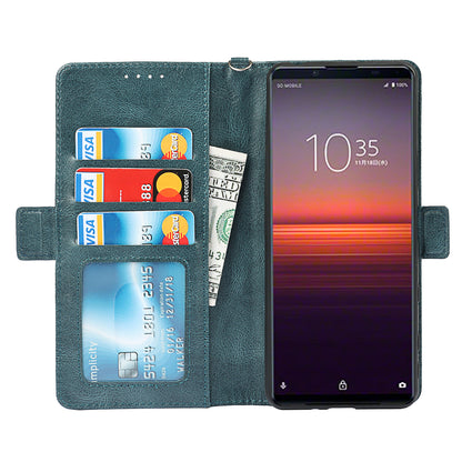 RFID Blocking Anti-fall Flip Phone Case Magnetic Closure Wallet Phone Cover with Strap and Supporting Stand for Sony Xperia 5 II