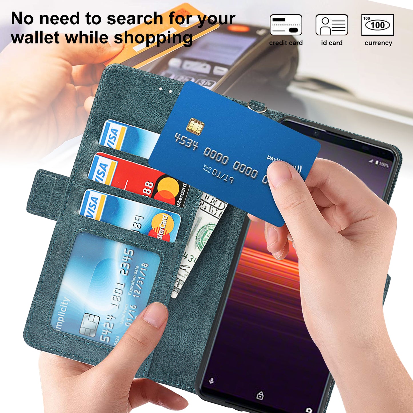 RFID Blocking Anti-fall Flip Phone Case Magnetic Closure Wallet Phone Cover with Strap and Supporting Stand for Sony Xperia 5 II
