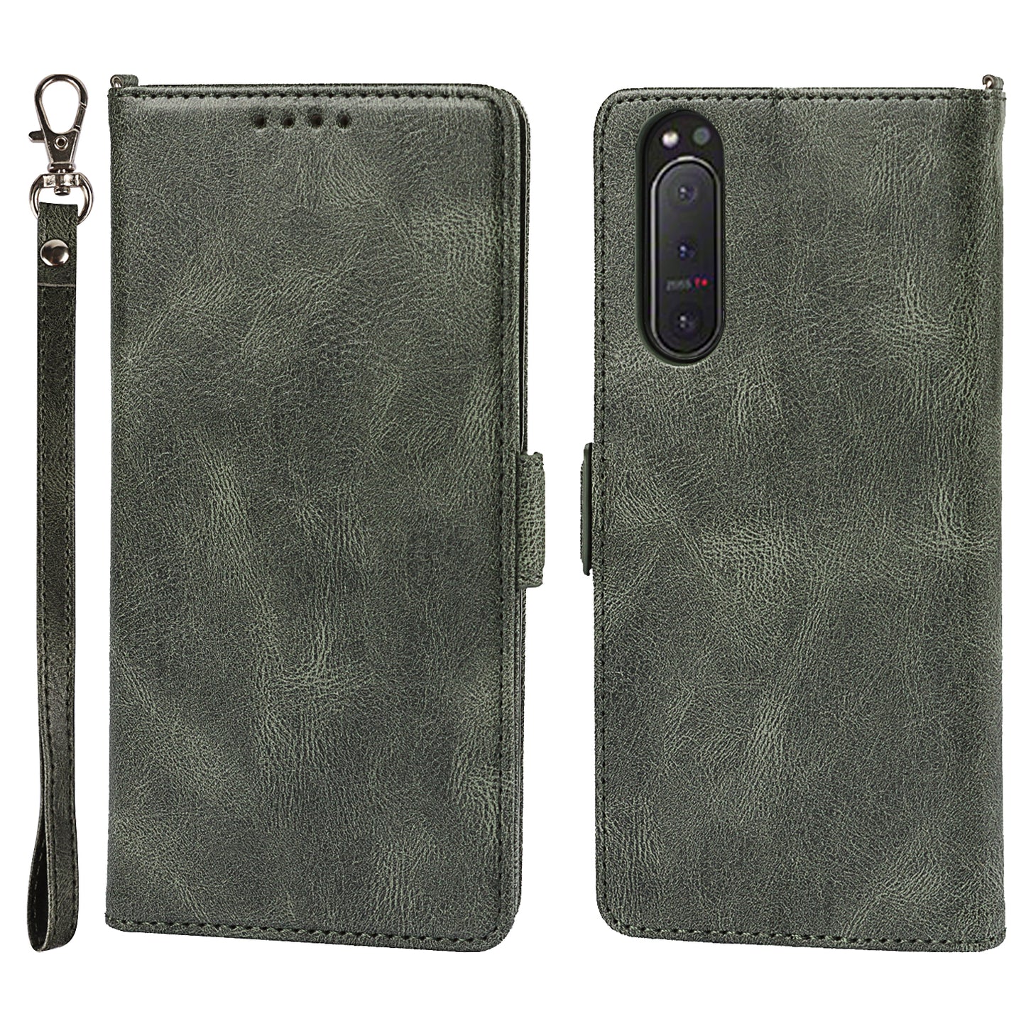 RFID Blocking Anti-fall Flip Phone Case Magnetic Closure Wallet Phone Cover with Strap and Supporting Stand for Sony Xperia 5 II