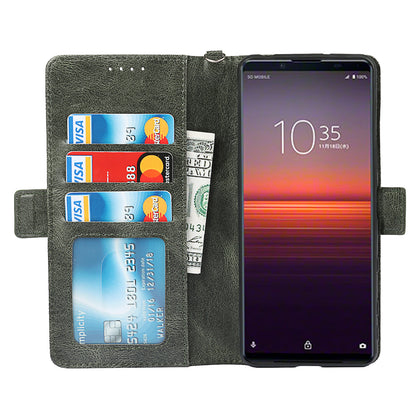 RFID Blocking Anti-fall Flip Phone Case Magnetic Closure Wallet Phone Cover with Strap and Supporting Stand for Sony Xperia 5 II