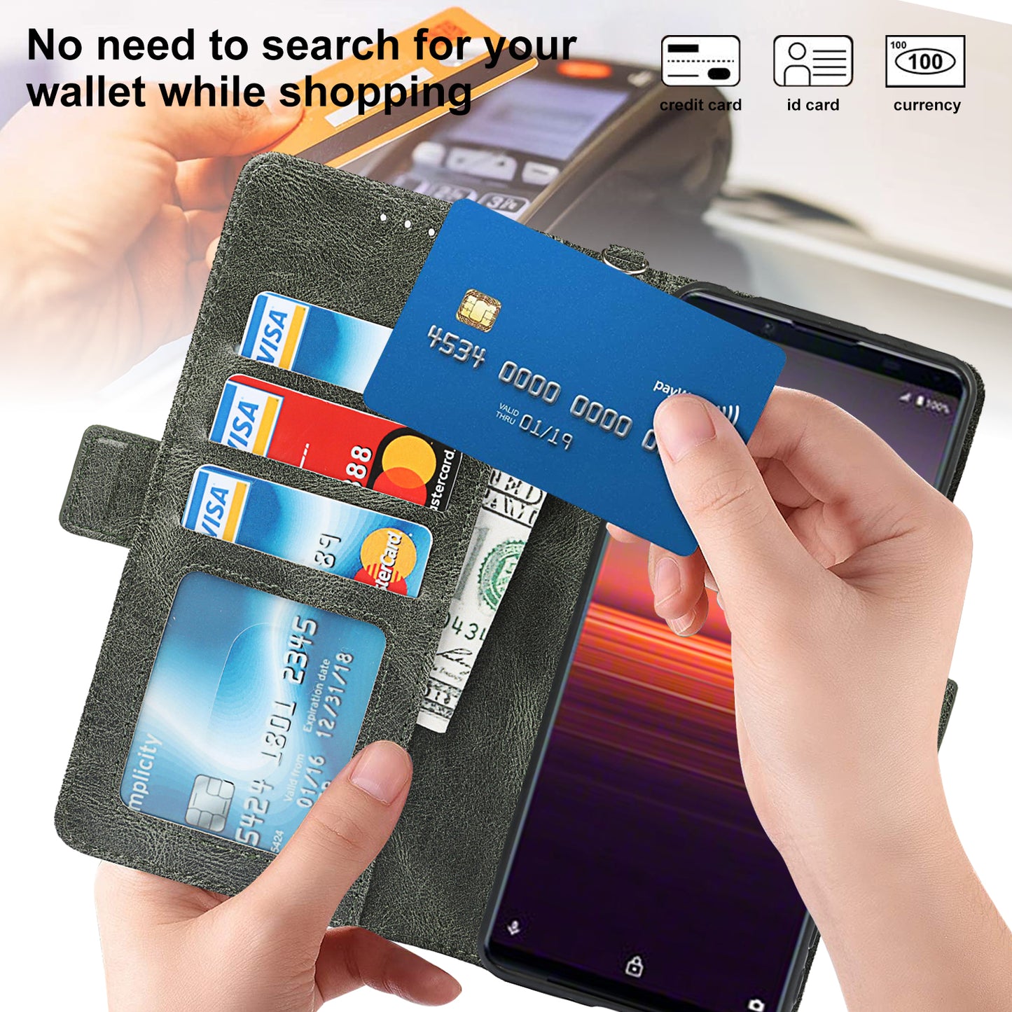 RFID Blocking Anti-fall Flip Phone Case Magnetic Closure Wallet Phone Cover with Strap and Supporting Stand for Sony Xperia 5 II