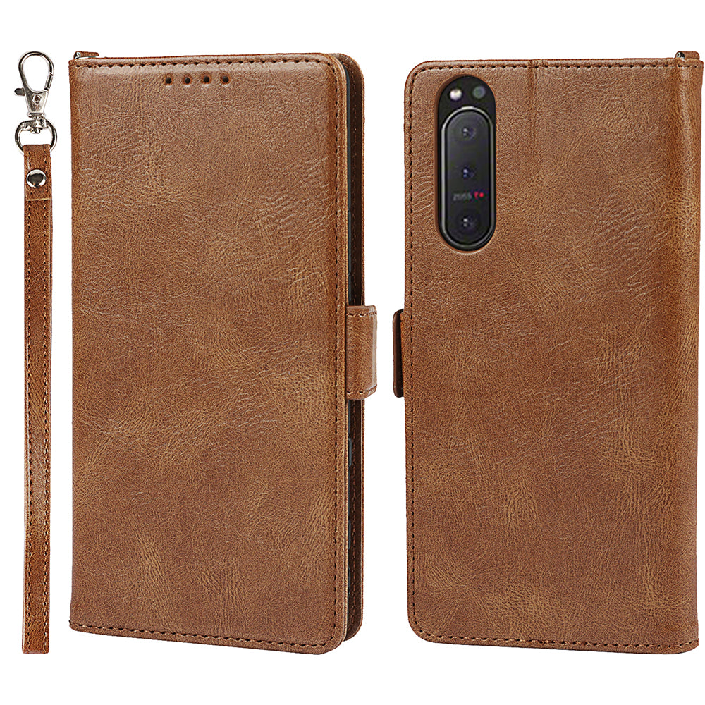RFID Blocking Anti-fall Flip Phone Case Magnetic Closure Wallet Phone Cover with Strap and Supporting Stand for Sony Xperia 5 II