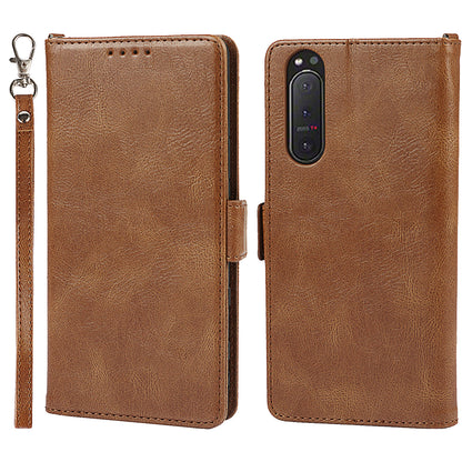 RFID Blocking Anti-fall Flip Phone Case Magnetic Closure Wallet Phone Cover with Strap and Supporting Stand for Sony Xperia 5 II