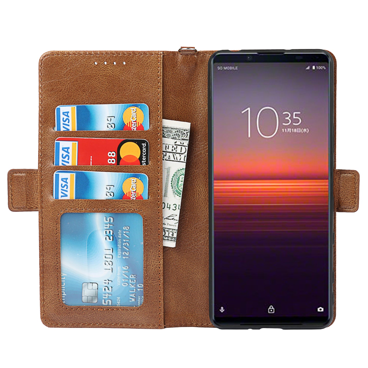 RFID Blocking Anti-fall Flip Phone Case Magnetic Closure Wallet Phone Cover with Strap and Supporting Stand for Sony Xperia 5 II