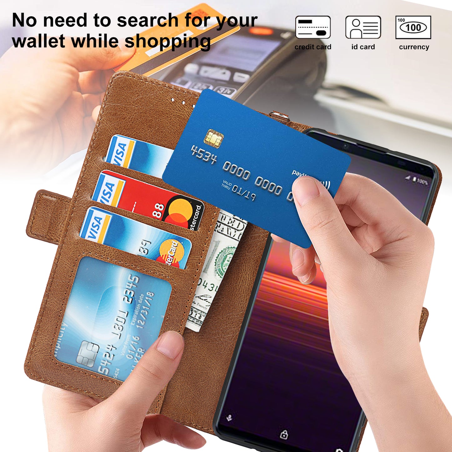 RFID Blocking Anti-fall Flip Phone Case Magnetic Closure Wallet Phone Cover with Strap and Supporting Stand for Sony Xperia 5 II