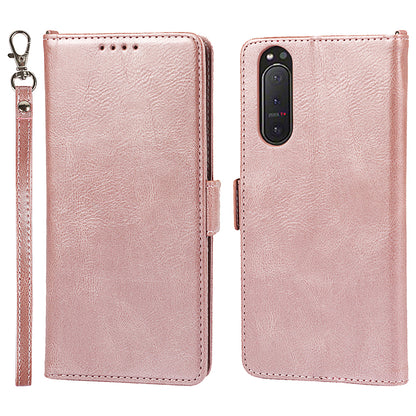 RFID Blocking Anti-fall Flip Phone Case Magnetic Closure Wallet Phone Cover with Strap and Supporting Stand for Sony Xperia 5 II