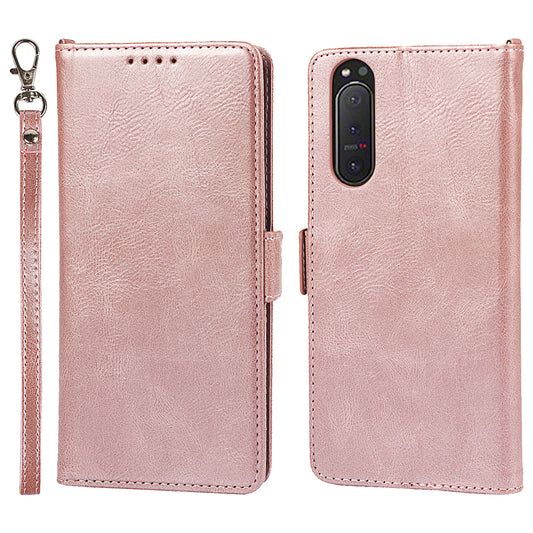 RFID Blocking Anti-fall Flip Phone Case Magnetic Closure Wallet Phone Cover with Strap and Supporting Stand for Sony Xperia 5 II
