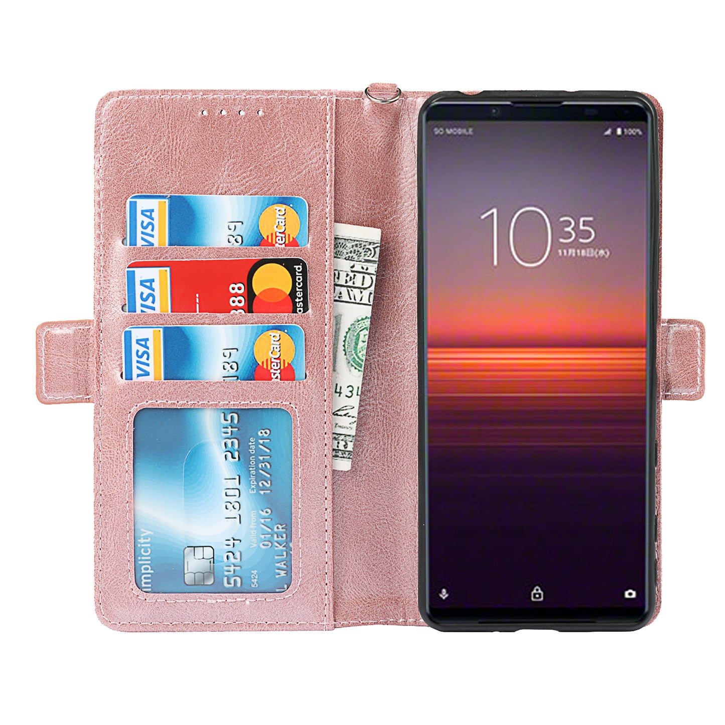 RFID Blocking Anti-fall Flip Phone Case Magnetic Closure Wallet Phone Cover with Strap and Supporting Stand for Sony Xperia 5 II